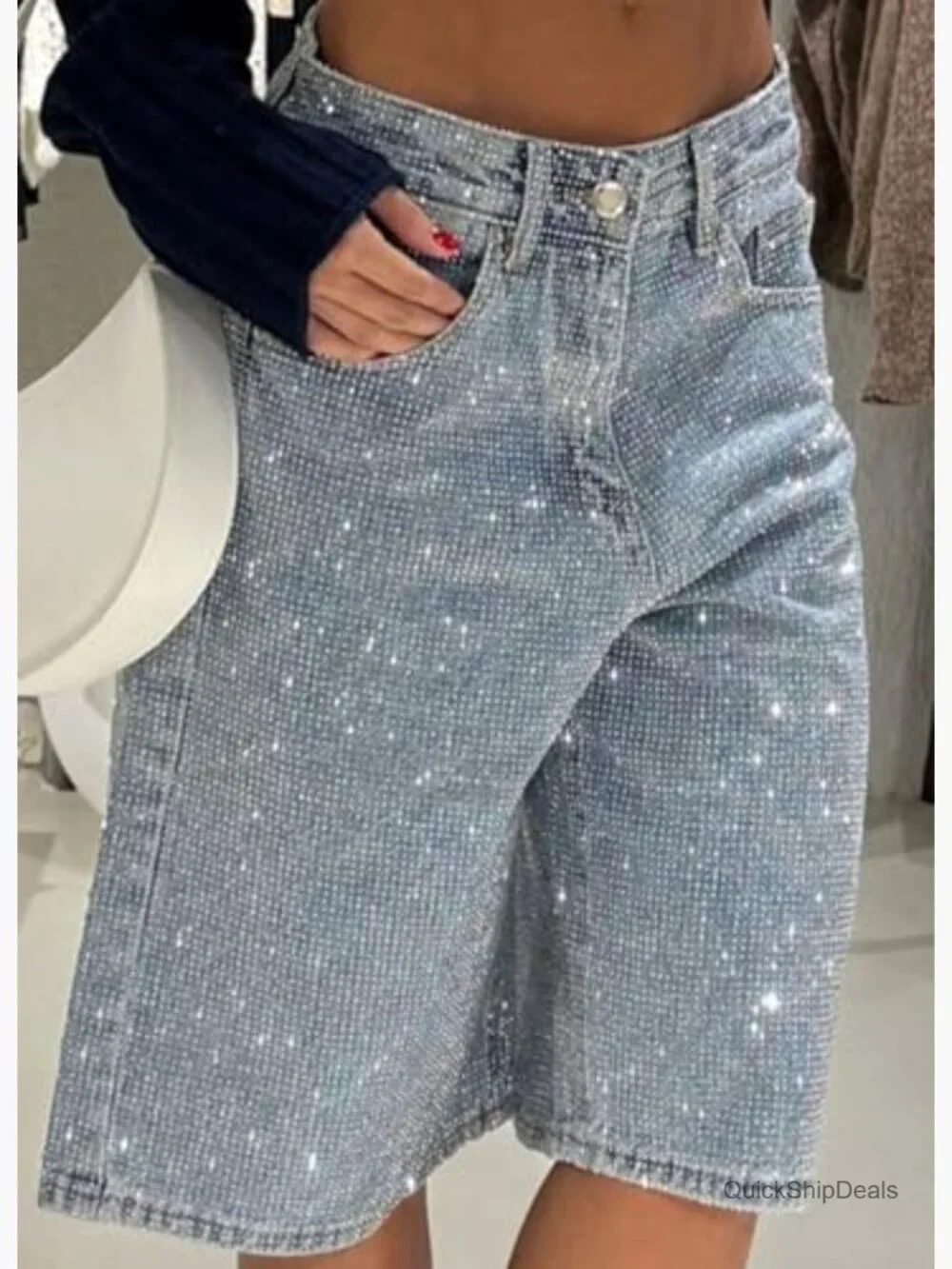 High Waisted Rhinestone Straight Leg Jean Shorts Baggy Denim Jorts